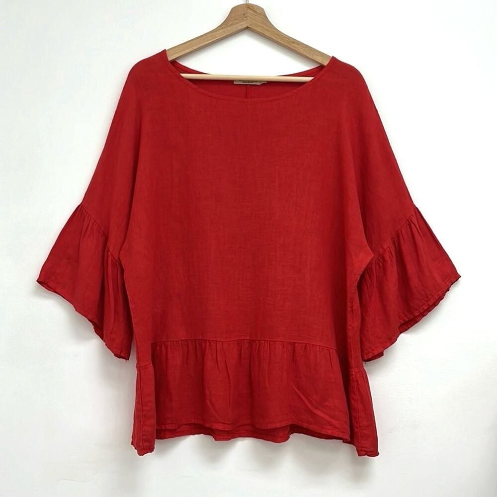 Valentina Naldi 100% Linen Bell Sleeves Blouse Ruffle Flounce Peplum Hem - Large